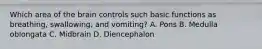 Which area of the brain controls such basic functions as breathing, swallowing, and vomiting? A. Pons B. Medulla oblongata C. Midbrain D. Diencephalon