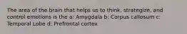 The area of the brain that helps us to think, strategize, and control emotions is the a: Amygdala b: Corpus callosum c: Temporal Lobe d: Prefrontal cortex