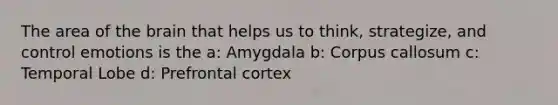 The area of the brain that helps us to think, strategize, and control emotions is the a: Amygdala b: Corpus callosum c: Temporal Lobe d: Prefrontal cortex