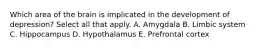 Which area of the brain is implicated in the development of depression? Select all that apply. A. Amygdala B. Limbic system C. Hippocampus D. Hypothalamus E. Prefrontal cortex