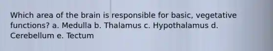 Which area of <a href='https://www.questionai.com/knowledge/kLMtJeqKp6-the-brain' class='anchor-knowledge'>the brain</a> is responsible for basic, vegetative functions? a. Medulla b. Thalamus c. Hypothalamus d. Cerebellum e. Tectum