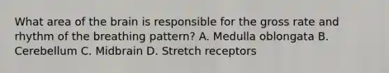 What area of <a href='https://www.questionai.com/knowledge/kLMtJeqKp6-the-brain' class='anchor-knowledge'>the brain</a> is responsible for the gross rate and rhythm of the breathing​ pattern? A. Medulla oblongata B. Cerebellum C. Midbrain D. Stretch receptors