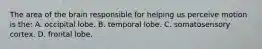 The area of the brain responsible for helping us perceive motion is the: A. occipital lobe. B. temporal lobe. C. somatosensory cortex. D. frontal lobe.