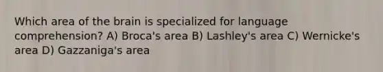 Which area of the brain is specialized for language comprehension? A) Broca's area B) Lashley's area C) Wernicke's area D) Gazzaniga's area