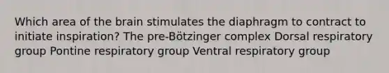 Which area of the brain stimulates the diaphragm to contract to initiate inspiration? The pre-Bötzinger complex Dorsal respiratory group Pontine respiratory group Ventral respiratory group