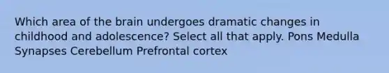 Which area of the brain undergoes dramatic changes in childhood and adolescence? Select all that apply. Pons Medulla Synapses Cerebellum Prefrontal cortex