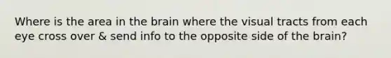 Where is the area in the brain where the visual tracts from each eye cross over & send info to the opposite side of the brain?