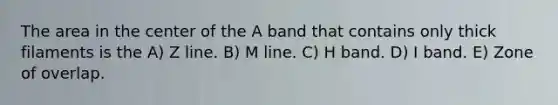 The area in the center of the A band that contains only thick filaments is the A) Z line. B) M line. C) H band. D) I band. E) Zone of overlap.