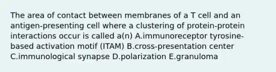 The area of contact between membranes of a T cell and an antigen-presenting cell where a clustering of protein-protein interactions occur is called a(n) A.immunoreceptor tyrosine-based activation motif (ITAM) B.cross-presentation center C.immunological synapse D.polarization E.granuloma