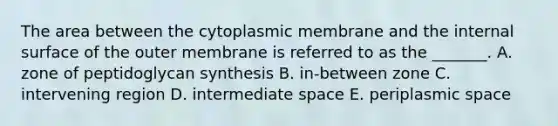 The area between the cytoplasmic membrane and the internal surface of the outer membrane is referred to as the _______. A. zone of peptidoglycan synthesis B. in-between zone C. intervening region D. intermediate space E. periplasmic space