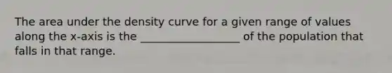 The area under the density curve for a given range of values along the x-axis is the __________________ of the population that falls in that range.