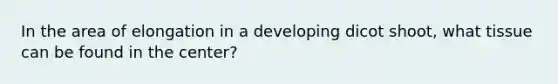 In the area of elongation in a developing dicot shoot, what tissue can be found in the center?