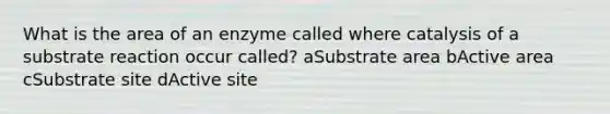 What is the area of an enzyme called where catalysis of a substrate reaction occur called? aSubstrate area bActive area cSubstrate site dActive site