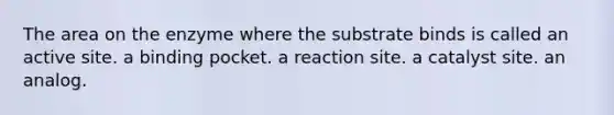 The area on the enzyme where the substrate binds is called an active site. a binding pocket. a reaction site. a catalyst site. an analog.