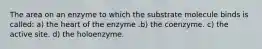 The area on an enzyme to which the substrate molecule binds is called: a) the heart of the enzyme .b) the coenzyme. c) the active site. d) the holoenzyme.