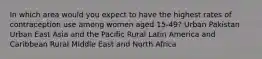 In which area would you expect to have the highest rates of contraception use among women aged 15-49? Urban Pakistan Urban East Asia and the Pacific Rural Latin America and Caribbean Rural Middle East and North Africa