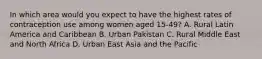 In which area would you expect to have the highest rates of contraception use among women aged 15-49? A. Rural Latin America and Caribbean B. Urban Pakistan C. Rural Middle East and North Africa D. Urban East Asia and the Pacific