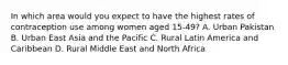 In which area would you expect to have the highest rates of contraception use among women aged 15-49? A. Urban Pakistan B. Urban East Asia and the Pacific C. Rural Latin America and Caribbean D. Rural Middle East and North Africa