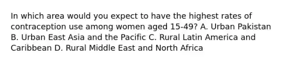 In which area would you expect to have the highest rates of contraception use among women aged 15-49? A. Urban Pakistan B. Urban East Asia and the Pacific C. Rural Latin America and Caribbean D. Rural Middle East and North Africa