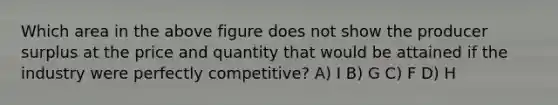 Which area in the above figure does not show the producer surplus at the price and quantity that would be attained if the industry were perfectly competitive? A) I B) G C) F D) H