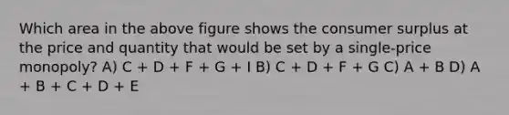 Which area in the above figure shows the consumer surplus at the price and quantity that would be set by a single-price monopoly? A) C + D + F + G + I B) C + D + F + G C) A + B D) A + B + C + D + E