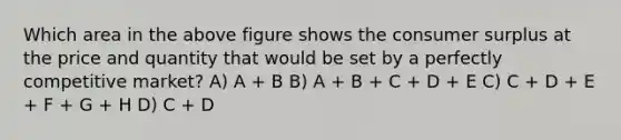 Which area in the above figure shows the consumer surplus at the price and quantity that would be set by a perfectly competitive market? A) A + B B) A + B + C + D + E C) C + D + E + F + G + H D) C + D