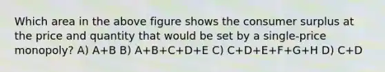 Which area in the above figure shows the <a href='https://www.questionai.com/knowledge/k77rlOEdsf-consumer-surplus' class='anchor-knowledge'>consumer surplus</a> at the price and quantity that would be set by a single-price monopoly? A) A+B B) A+B+C+D+E C) C+D+E+F+G+H D) C+D