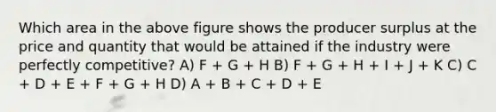 Which area in the above figure shows the producer surplus at the price and quantity that would be attained if the industry were perfectly competitive? A) F + G + H B) F + G + H + I + J + K C) C + D + E + F + G + H D) A + B + C + D + E