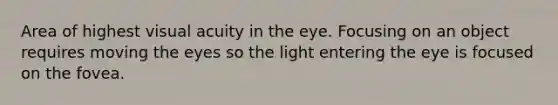 Area of highest visual acuity in the eye. Focusing on an object requires moving the eyes so the light entering the eye is focused on the fovea.