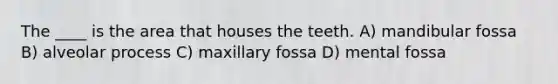 The ____ is the area that houses the teeth. A) mandibular fossa B) alveolar process C) maxillary fossa D) mental fossa