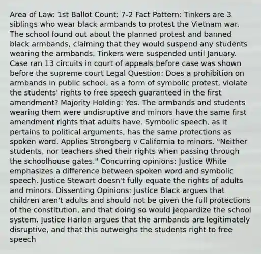 Area of Law: 1st Ballot Count: 7-2 Fact Pattern: Tinkers are 3 siblings who wear black armbands to protest the Vietnam war. The school found out about the planned protest and banned black armbands, claiming that they would suspend any students wearing the armbands. Tinkers were suspended until January. Case ran 13 circuits in court of appeals before case was shown before the supreme court Legal Question: Does a prohibition on armbands in public school, as a form of symbolic protest, violate the students' rights to free speech guaranteed in the first amendment? Majority Holding: Yes. The armbands and students wearing them were undisruptive and minors have the same first amendment rights that adults have. Symbolic speech, as it pertains to political arguments, has the same protections as spoken word. Applies Strongberg v California to minors. "Neither students, nor teachers shed their rights when passing through the schoolhouse gates." Concurring opinions: Justice White emphasizes a difference between spoken word and symbolic speech. Justice Stewart doesn't fully equate the rights of adults and minors. Dissenting Opinions: Justice Black argues that children aren't adults and should not be given the full protections of the constitution, and that doing so would jeopardize the school system. Justice Harlon argues that the armbands are legitimately disruptive, and that this outweighs the students right to free speech