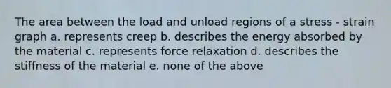 The area between the load and unload regions of a stress - strain graph a. represents creep b. describes the energy absorbed by the material c. represents force relaxation d. describes the stiffness of the material e. none of the above