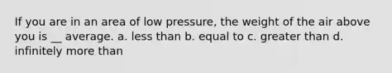 If you are in an area of low pressure, the weight of the air above you is __ average. a. less than b. equal to c. greater than d. infinitely more than