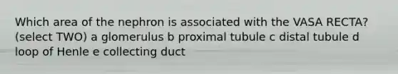 Which area of the nephron is associated with the VASA RECTA? (select TWO) a glomerulus b proximal tubule c distal tubule d loop of Henle e collecting duct
