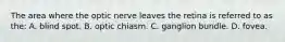 The area where the optic nerve leaves the retina is referred to as the: A. blind spot. B. optic chiasm. C. ganglion bundle. D. fovea.