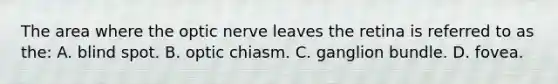 The area where the optic nerve leaves the retina is referred to as the: A. blind spot. B. optic chiasm. C. ganglion bundle. D. fovea.