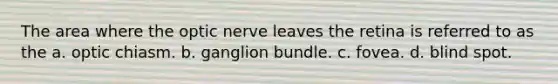 The area where the optic nerve leaves the retina is referred to as the a. optic chiasm. b. ganglion bundle. c. fovea. d. blind spot.