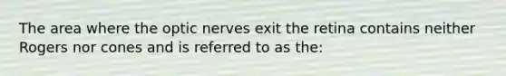 The area where the optic nerves exit the retina contains neither Rogers nor cones and is referred to as the: