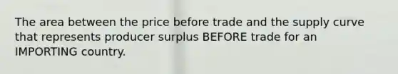 The area between the price before trade and the supply curve that represents producer surplus BEFORE trade for an IMPORTING country.