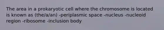 The area in a prokaryotic cell where the chromosome is located is known as (the/a/an) -periplasmic space -nucleus -nucleoid region -ribosome -inclusion body