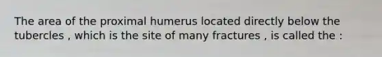 The area of the proximal humerus located directly below the tubercles , which is the site of many fractures , is called the :