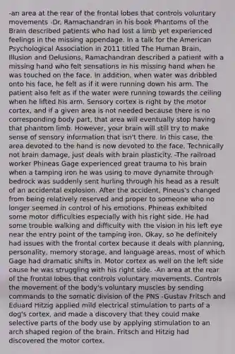 -an area at the rear of the frontal lobes that controls voluntary movements -Dr. Ramachandran in his book Phantoms of <a href='https://www.questionai.com/knowledge/kLMtJeqKp6-the-brain' class='anchor-knowledge'>the brain</a> described patients who had lost a limb yet experienced feelings in the missing appendage. In a talk for the American Psychological Association in 2011 titled The Human Brain, Illusion and Delusions, Ramachandran described a patient with a missing hand who felt sensations in his missing hand when he was touched on the face. In addition, when water was dribbled onto his face, he felt as if it were running down his arm. The patient also felt as if the water were running towards the ceiling when he lifted his arm. Sensory cortex is right by the motor cortex, and if a given area is not needed because there is no corresponding body part, that area will eventually stop having that phantom limb. However, your brain will still try to make sense of sensory information that isn't there. In this case, the area devoted to the hand is now devoted to the face. Technically not brain damage, just deals with brain plasticity. -The railroad worker Phineas Gage experienced great trauma to his brain when a tamping iron he was using to move dynamite through bedrock was suddenly sent hurling through his head as a result of an accidental explosion. After the accident, Pineus's changed from being relatively reserved and proper to someone who no longer seemed in control of his emotions. Phineas exhibited some motor difficulties especially with his right side. He had some trouble walking and difficulty with the vision in his left eye near the entry point of the tamping iron. Okay, so he definitely had issues with the frontal cortex because it deals with planning, personality, <a href='https://www.questionai.com/knowledge/khxari06Aj-memory-storage' class='anchor-knowledge'>memory storage</a>, and language areas, most of which Gage had dramatic shifts in. Motor cortex as well on the left side cause he was struggling with his right side. -An area at the rear of the frontal lobes that controls voluntary movements. Controls the movement of the body's voluntary muscles by sending commands to the somatic division of the PNS -Gustav Fritsch and Eduard Hitzig applied mild electrical stimulation to parts of a dog's cortex, and made a discovery that they could make selective parts of the body use by applying stimulation to an arch shaped region of the brain. Fritsch and Hitzig had discovered the motor cortex.