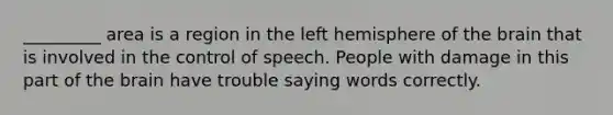 _________ area is a region in the left hemisphere of the brain that is involved in the control of speech. People with damage in this part of the brain have trouble saying words correctly.