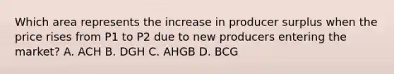 Which area represents the increase in producer surplus when the price rises from P1 to P2 due to new producers entering the market? A. ACH B. DGH C. AHGB D. BCG