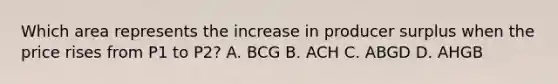 Which area represents the increase in producer surplus when the price rises from P1 to P2? A. BCG B. ACH C. ABGD D. AHGB