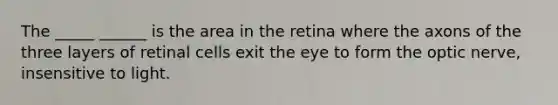 The _____ ______ is the area in the retina where the axons of the three layers of retinal cells exit the eye to form the optic nerve, insensitive to light.