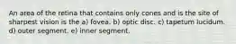 An area of the retina that contains only cones and is the site of sharpest vision is the a) fovea. b) optic disc. c) tapetum lucidum. d) outer segment. e) inner segment.