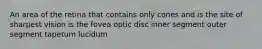 An area of the retina that contains only cones and is the site of sharpest vision is the fovea optic disc inner segment outer segment tapetum lucidum