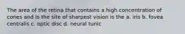 The area of the retina that contains a high concentration of cones and is the site of sharpest vision is the a. iris b. fovea centralis c. optic disc d. neural tunic