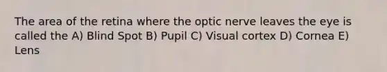 The area of the retina where the optic nerve leaves the eye is called the A) Blind Spot B) Pupil C) Visual cortex D) Cornea E) Lens